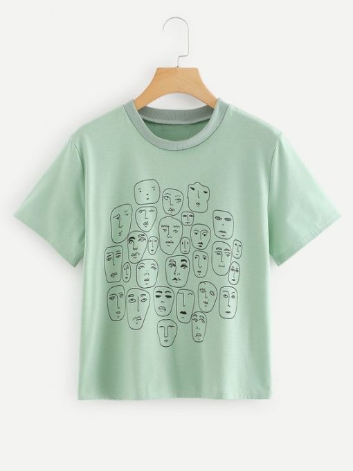 Sleeve Green Cartoon Portrait Print Tee KH01