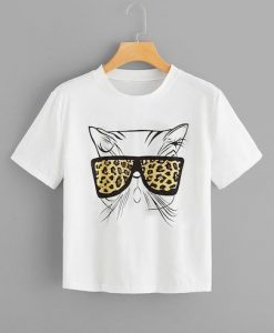 Cat Leopard Sunglasses Printed T Shirt SR01