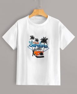 Letter Tropical And Car Print Tee T shirt SR01