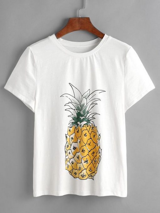 White Pineapple Print Short Sleeve T-Shirt VL01