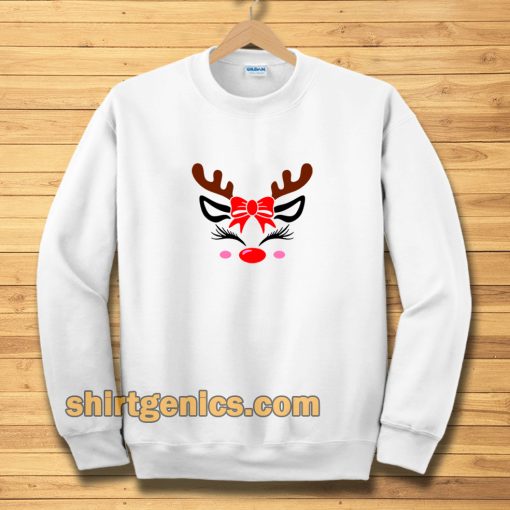 Christmas Reindeer Bow Holly Face Sweatshirt