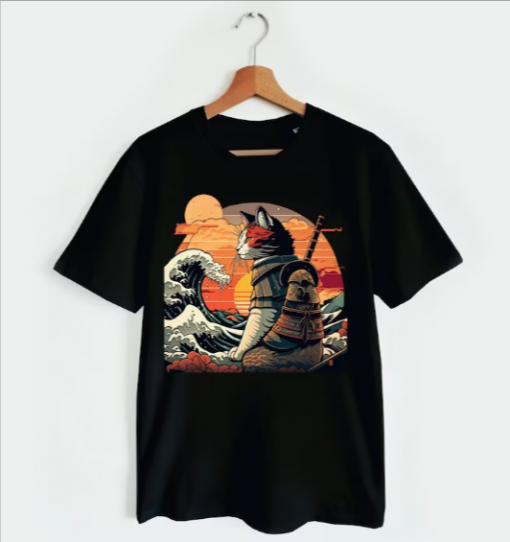 Retro Samurai Cat With Wave T-shirt SD